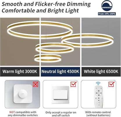 Modern LED Chandelier Light, 4 Ring Gold Pendant Lighting Fixture, Adjustable Hanging Ceiling Lamp for Dining Room, Kitchen Island, Entryway, Living Room, Dimmable Dining Light Over Table