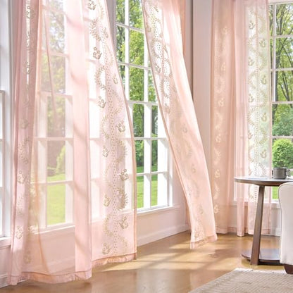 jinchan Floral Sheer Curtains, Back Tab 50x84 Inch, 2 Panels Pink - color: S | Pink, size: 50"W x 84"L (Pack of 2)
