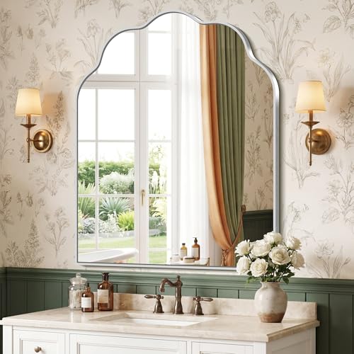 Scalloped Arched Mirror, 30×36Inch Silver Bathroom Mirror, Wavy Wall Mounted Vanity Mirror with Aluminum Alloy Frame for Livingroom Bedroom and Entryway, Tempered Glass - color: Silver, size: 36"L x 30"W
