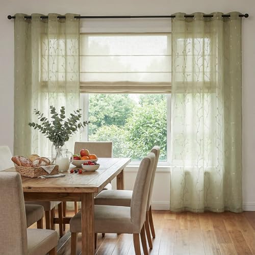 jinchan Green Leaf Voile Embroidered Curtains 63 Inch Grommet Top 2 Panels - color: Vine Grommet Green, size: 55"W x 63"L (Pack of 2)