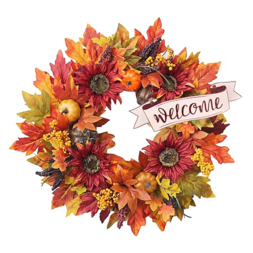 Autumn Wreaths for Front Door Decor Artificial Flower, 20" Fall Pumpkin - color: Wreath Red