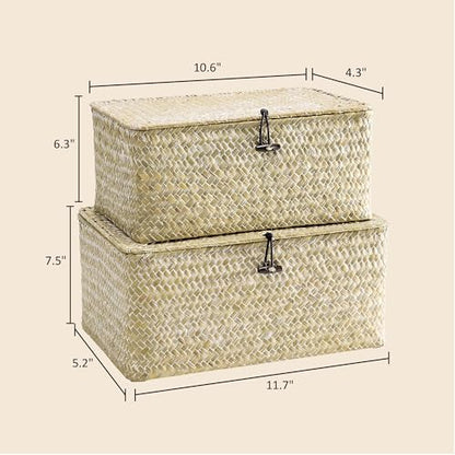 Nonam Wicker Storage Basket with Lid, Seagrass Shelf Basket Set of 2, White - color: White-S+M