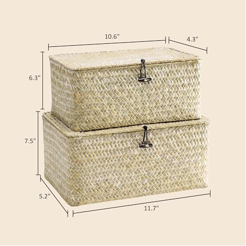 Nonam Wicker Storage Basket with Lid, Seagrass Shelf Basket Set of 2, White - color: White-S+M