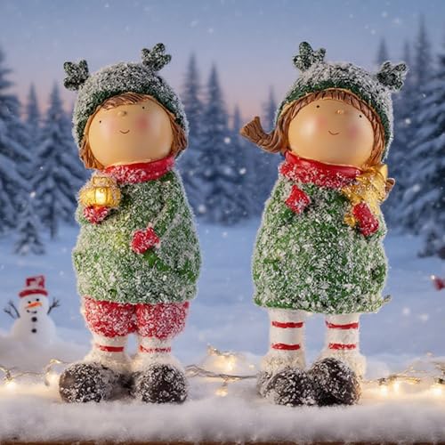 Charming Winter Figurines Set of 2 Christmas Boy and Girl Statues