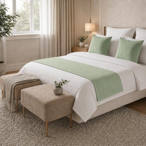 Solid Bed Runner Set,2 Pillow Covers,Sage Green,70.9x19.7in - color: Sage Green, size: Twin/Twin XL