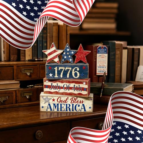 4th of July Table Decorations Patriotic Memorial Day Tiered Tray Decor Wooden Star Block Signs Independence Farmhouse 250th July Fouth Centerpiece for Tables Wooden Sign for Home Decor - style: July Fouth Star