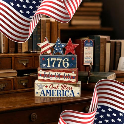 4th of July Table Decorations Patriotic Memorial Day Tiered Tray Decor Wooden Star Block Signs Independence Farmhouse 250th July Fouth Centerpiece for Tables Wooden Sign for Home Decor - style: July Fouth Star