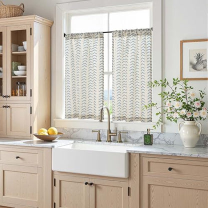 jinchan Blue Boho Linen Kitchen Tier Curtains 36 Inches Rod Pocket 2 Panels - color: Arrow | Blue on Linen, size: 26"W x 36"L (Pack of 2)