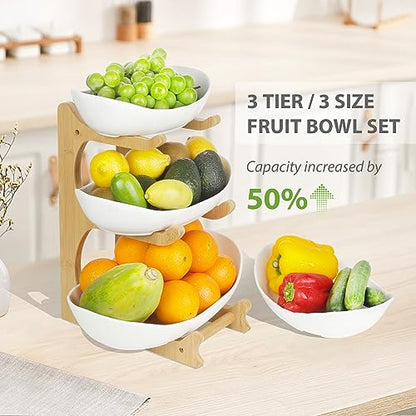 SEVEN SPARTA 3 Tier Fruit Bowl for Kitchen Counter (PLUS edition) / Ceramic Serving Bowls with Bamboo Stand/Big Size Tiered Fruit Basket for Fruit Vegetable Storage, Dessert, Salad Buffet Server - style: PLUS edition