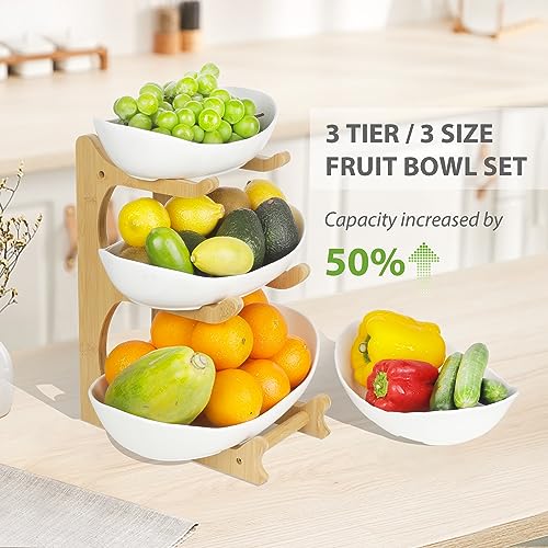 SEVEN SPARTA 3 Tier Fruit Bowl for Kitchen Counter (PLUS edition) / Ceramic Serving Bowls with Bamboo Stand/Big Size Tiered Fruit Basket for Fruit Vegetable Storage, Dessert, Salad Buffet Server - style: PLUS edition