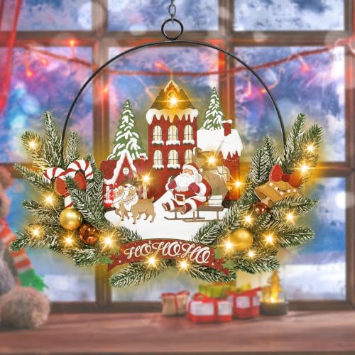 Pre-Lit Christmas Wreath for Front Door, Lighted Witch with 6H On/18H Off - color: Santa Claus-warm White