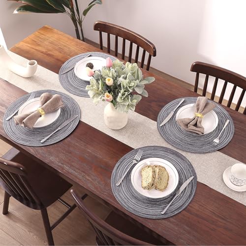 SHACOS Round Placemats Set of 4 Round Braided Placemats 15 inch Cotton Polyester Woven Table Placemats for Dining Table Holiday Party (Black Gray, 4) - color: Black Gray, size: Set of 4