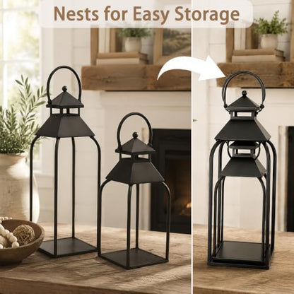 16" 12" Farmhouse Metal Lanterns, Arched Handle Candle Holder for Fireplace