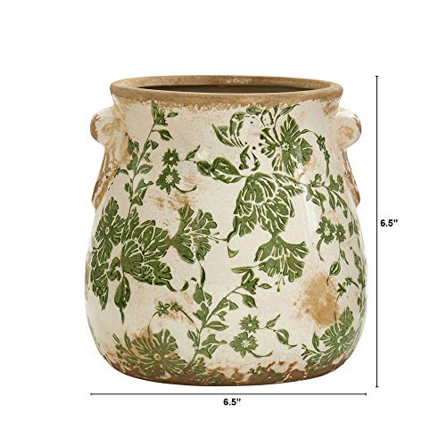 Nearly Natural 6.5 in Tuscan Ceramic Green Floral Scroll Decorative Vase - size: 6.5 in. W x 6.5 in. D x 6.5 in. H