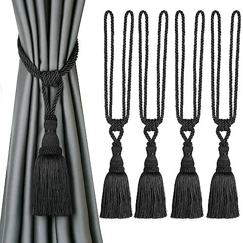 BEL AVENIR 4 Pack Curtain Tiebacks Tassel Drapery Tie-Backs Rope Holdbacks - color: Black, size: 4 Pack