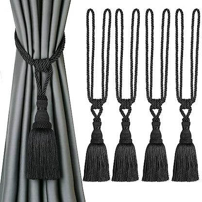 BEL AVENIR 4 Pack Curtain Tiebacks Tassel Drapery Tie-Backs Rope Holdbacks - color: Black, size: 4 Pack
