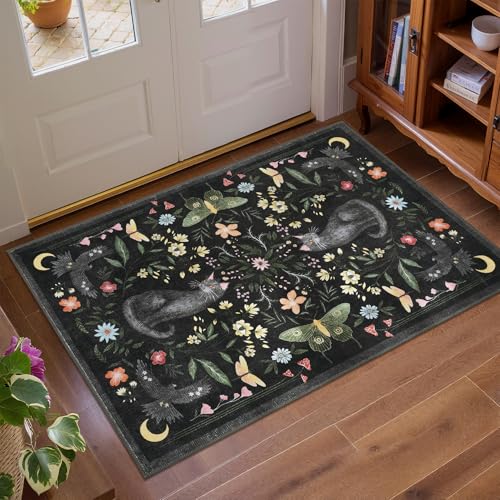 GarveeHome Cat Entryway Rug, 2x3 Mushroom Insect Black Washable Front Door Rug Indoor Entrance Floral Carpet Non-Slip Low Pile Throw Rugs for Kitchen Floor, Powder Room, Entry, Bathroom, Kids Room - color: Black, size: 2' x 3' (Rectangular)