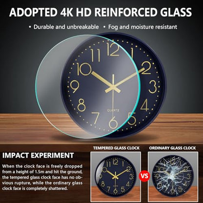 Silent Wall Clocks Battery Operated 8 Inch, Analog Wall Clock with Large Number Tempered Glass Clock Face, Navy Blue Quartz Non Ticking Wall Clocks for Living Room Bedroom Kitchen Office - color: Navy Blue, size: 8 Inch