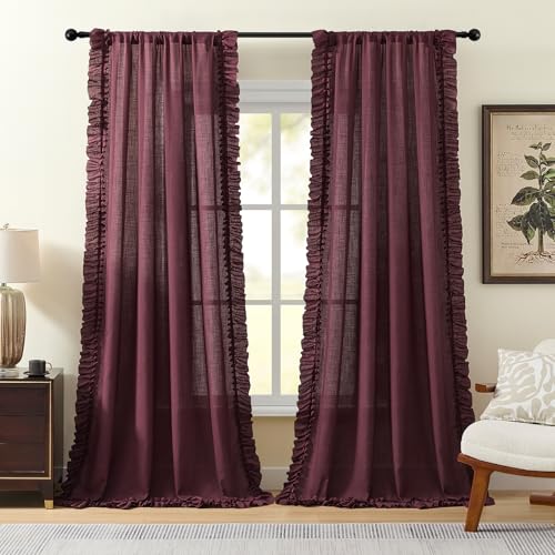 Burgundy Ruffle Curtains Ruched Edges for Bedroom 47 x 63 Inch, 2 Panels - color: Burgundy, size: 47"W x 63"L (Pack of 2)