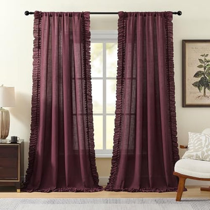 Burgundy Ruffle Curtains Ruched Edges for Bedroom 47 x 63 Inch, 2 Panels - color: Burgundy, size: 47"W x 63"L (Pack of 2)