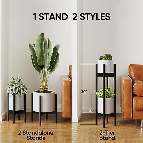 MUDEELA 2 Pack Indoor Plant Stands, 2 Tier Tall Plant Stand 30 inches, Mid Century Bamboo Plant Stand, Adjustable Width 8 - 12 inches, Fits Pot Size of 8 9 10 11 12 inches Pot & Plant Not Included, Black
