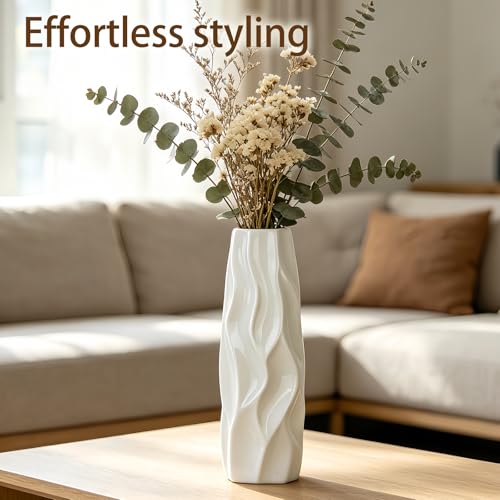 White Ceramic Flower Vase, 12 Inch, Pleated Wave Design