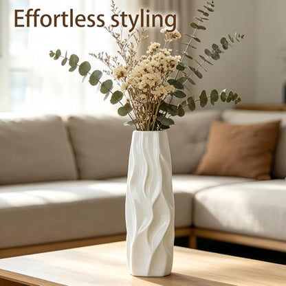 White Ceramic Flower Vase, 12 Inch, Pleated Wave Design
