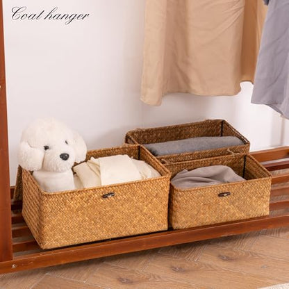 Nonam Wicker Storage Basket with Lid,Seagrass Shelf Basket Set of 3,Nautral - color: Standard Natural* Set of 3