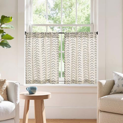 jinchan Black Boho Linen Kitchen Tier Curtains 24 Inch Rod Pocket 2 Panels - color: Arrow | Black on Linen, size: 26"W x 24"L (Pack of 2)