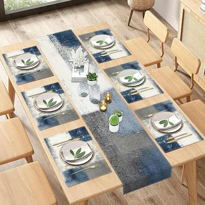 ArtSocket Table Runner and Placemats Set of 6, Abstract Farmhouse - color: Abstract Blue Grey