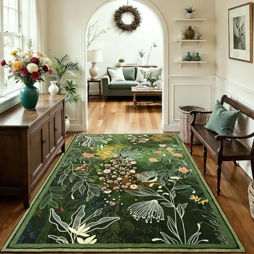 Yinhua Dark Green Area Rug for Entryway 3x5 Botanical Washable Rug Non Silp - size: 3' x 5' (Rectangular)