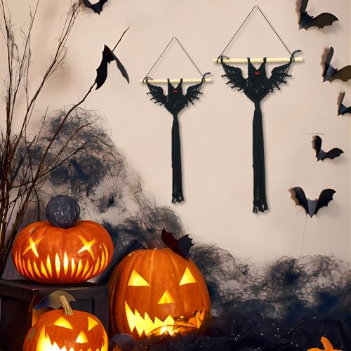 LB 2 Pcs Halloween Black Macrame Wall Hanging, Spooky Macrame Wall Art Black Bats Home Decor Gothic Horror Bat Design Woven Tapestry for Living Room Halloween Party Supplies Holiday Decor - color: Black Red
