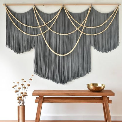 Large Macrame Wall Hanging Grey Boho Wall Art Beaded Decor 57"W*39"L - color: Gray1