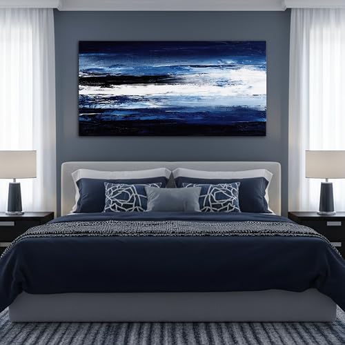 LKY ART Abstract Navy Blue White Canvas Wall Art, Panoramic 20"x40" - color: Dark blue, size: 40"L x 20"W