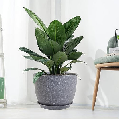 UOUZ 12inch Large Plant Pot, Modern Plastic Planter with High Driange Holes and Saucer for Indoor Outdoor Garden Plants and Flowers, Grey Speckles - color: Grey Speckles