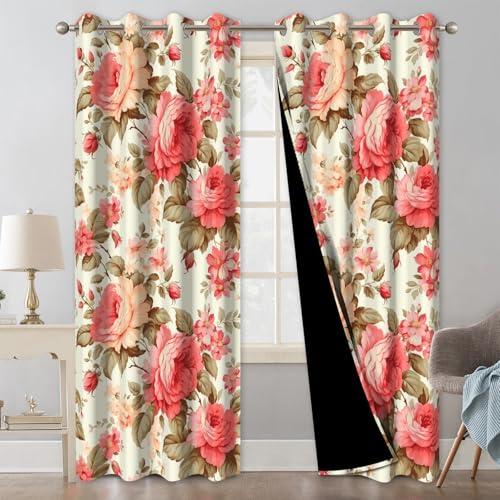 Pink Rose Blackout Curtains for Girls Room and Nursery, Floral Living Room Darkening Curtains 84 Inch Long 2 Panels Set, Spring and Summer Soundproof Thermal Insulated Bedroom Curtains with Tiebacks - color: Pink Peonies