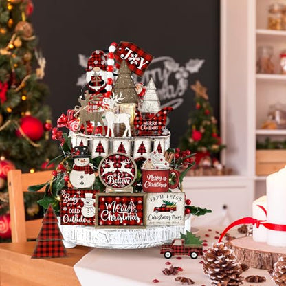 Shellwei 21 Pcs Christmas Tiered Tray Decor Set Wood Rustic Buffalo Plaid Christmas Decoration Winter Farmhouse Decor Xmas Trees Gnome Elk Snowflake Signs for Table Shelf Home Centerpiece (Plaid) - style: Plaid