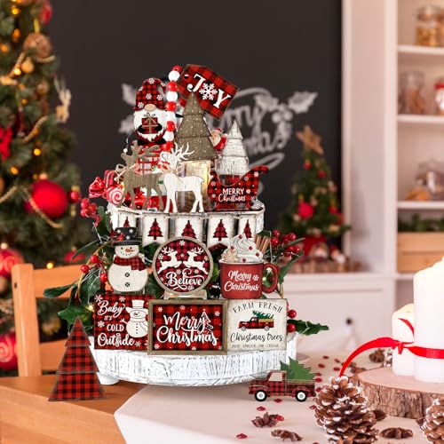 Shellwei 21 Pcs Christmas Tiered Tray Decor Set Wood Rustic Buffalo Plaid Christmas Decoration Winter Farmhouse Decor Xmas Trees Gnome Elk Snowflake Signs for Table Shelf Home Centerpiece (Plaid) - style: Plaid