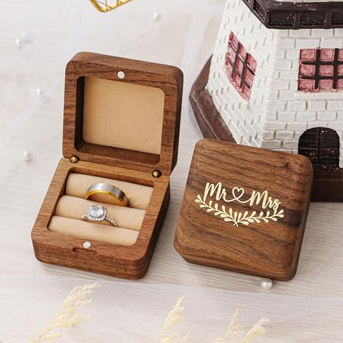 KWOOD Custom Wooden Wedding Ring Box for 2 Rings, Engraved Mr & Mrs Double Ring Holder for Wedding Ceremony Ring Bearer Box Anniversary Birthday Gift Ideas - style: G-Mr & Mrs 02