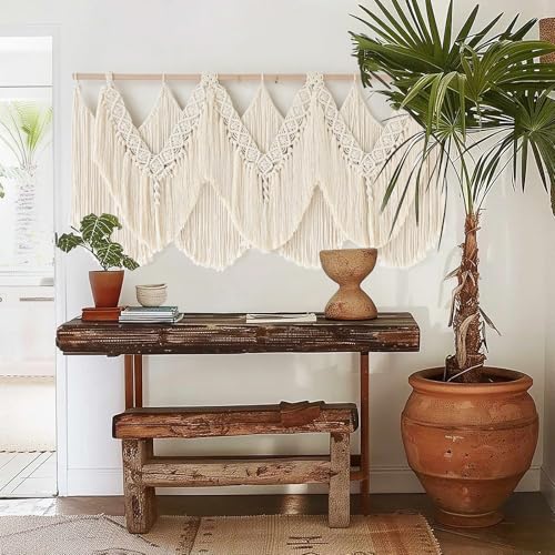 Macrame Wall Hanging Wedding Hanger Tassel Knotting Boho Decor 47"W*25"L - color: Beige1