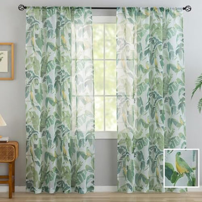 Green Sheer Curtains 84 Inch Length for Living Room 2 Panels - color: Tropical Leaf and Bird, size: 50"W x 84"L (Pack of 2)