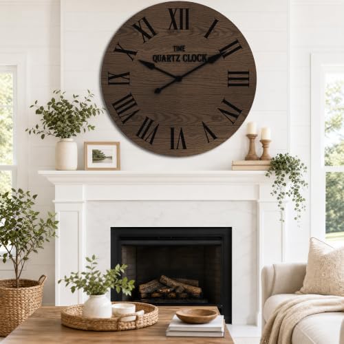 ARTPOWER 35.5" Extra Large Farmhouse Wall Clock,Solid Wood Veneer,Brown - color: Brown, size: 35.5"W x 35.5"H