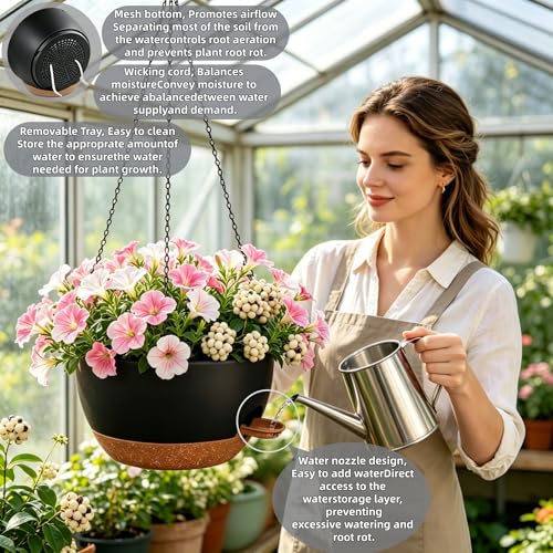 12" Self Watering Hanging Planters with Chains, Black Brown，2 Pack - color: Black Brown, size: 2 pack 12 inches