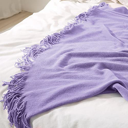Homiest Lavender Knitted Throw Blanket with Fringe, 50x60 Inch - color: Lavender, size: 50" x 60"
