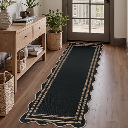 Modern Hallway Runner Rug, 2x6 Washable Easy Jute Rugs for Entryway Kitchen Farmhouse Indoor Outdoor Carpet, Non Slip Runner for Bedroom Porch Laundry - color: Black Geometric-2, size: 2'x6' (Runner)