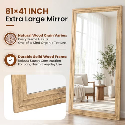 81x41in Full Length Mirror, 3-Tier Stepped Wood Frame, Light Brown - color: Light Brown, size: 81"L x 41"W
