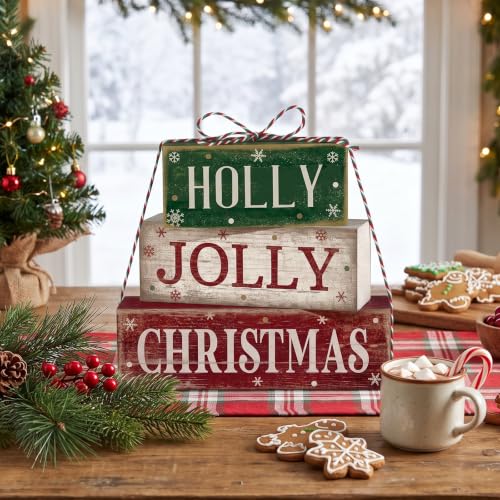 Moucuny 4 Pcs Christmas Table Decoration for Home Rustic Jolly Stacked Sign - style: Candy Christmas