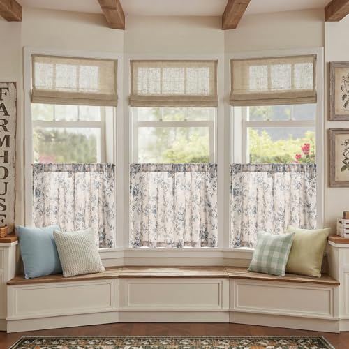 jinchan Floral Linen Kitchen Tier Curtains, 24 Inch, 2 Panels, Blue - color: Amlie Blue, size: 26"W x 24"L (Pack of 2)
