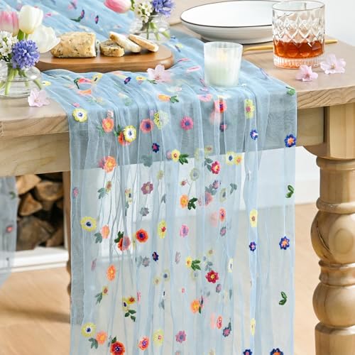 Artoid Mode Sky Blue Floral Gauze Embroidery Table Runner 120 Inch 10FT - color: Blue, size: 27" x 120"