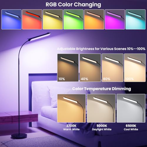 FRIDEKO HOME RGB Floor Lamp Bedroom, 18W 1800LM LED Reading Light, Black - color: Black CCT+RGB, 1 Pack